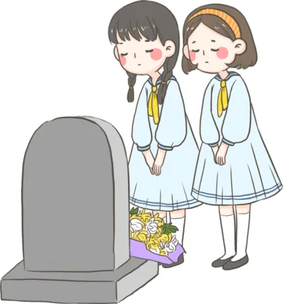 Vector of 2 girls standing near grave