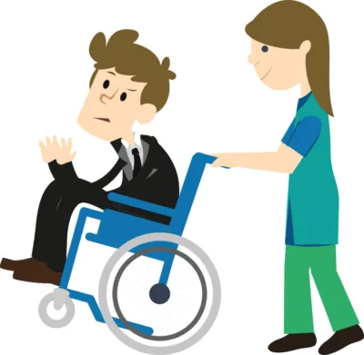 vector file of a nurse helping injured man on a wheelchair